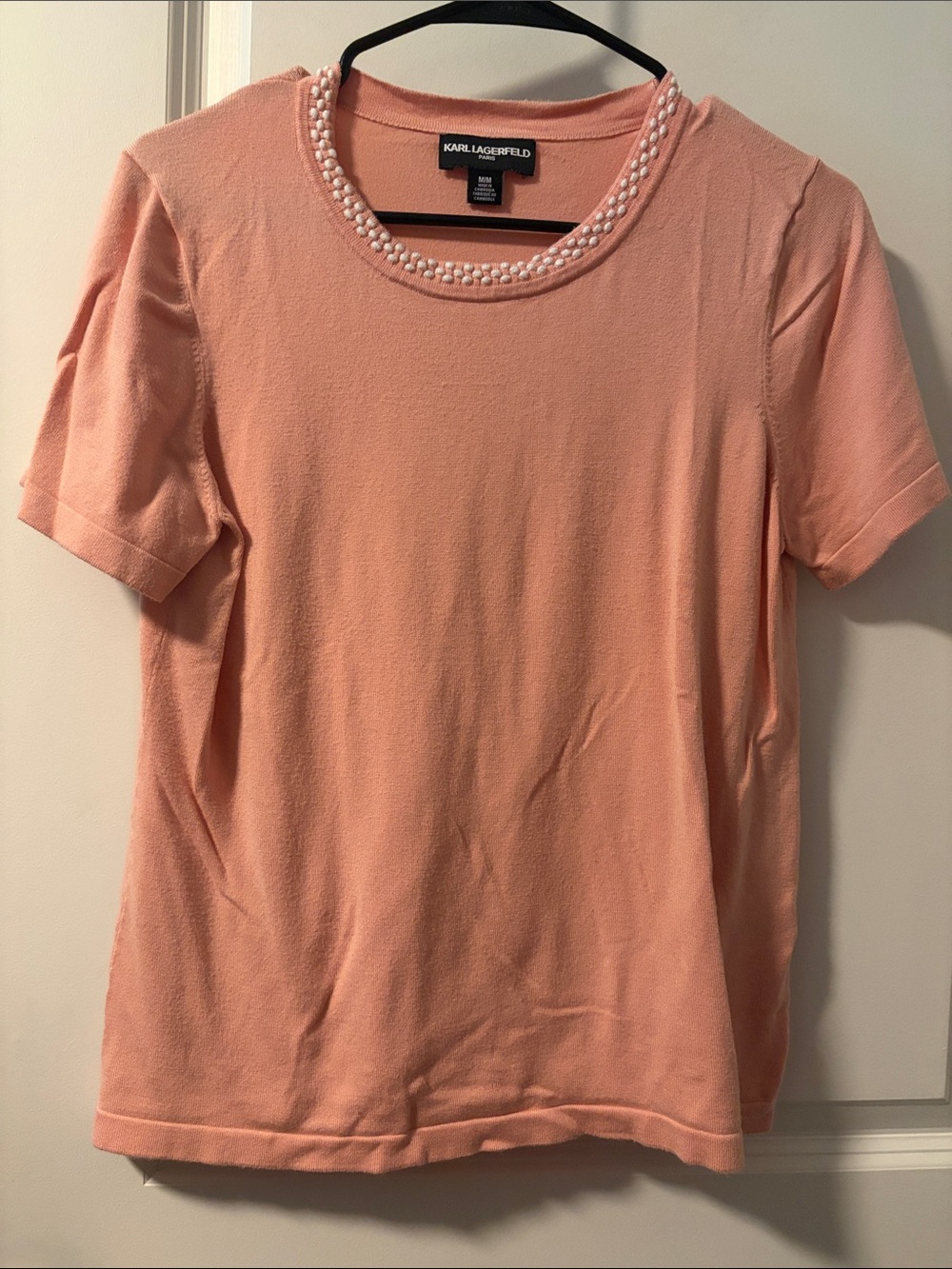 Karl Lagerfeld Peach Short Sleeve Knit Top with Pearl Neck Trim